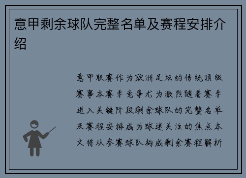 意甲剩余球队完整名单及赛程安排介绍
